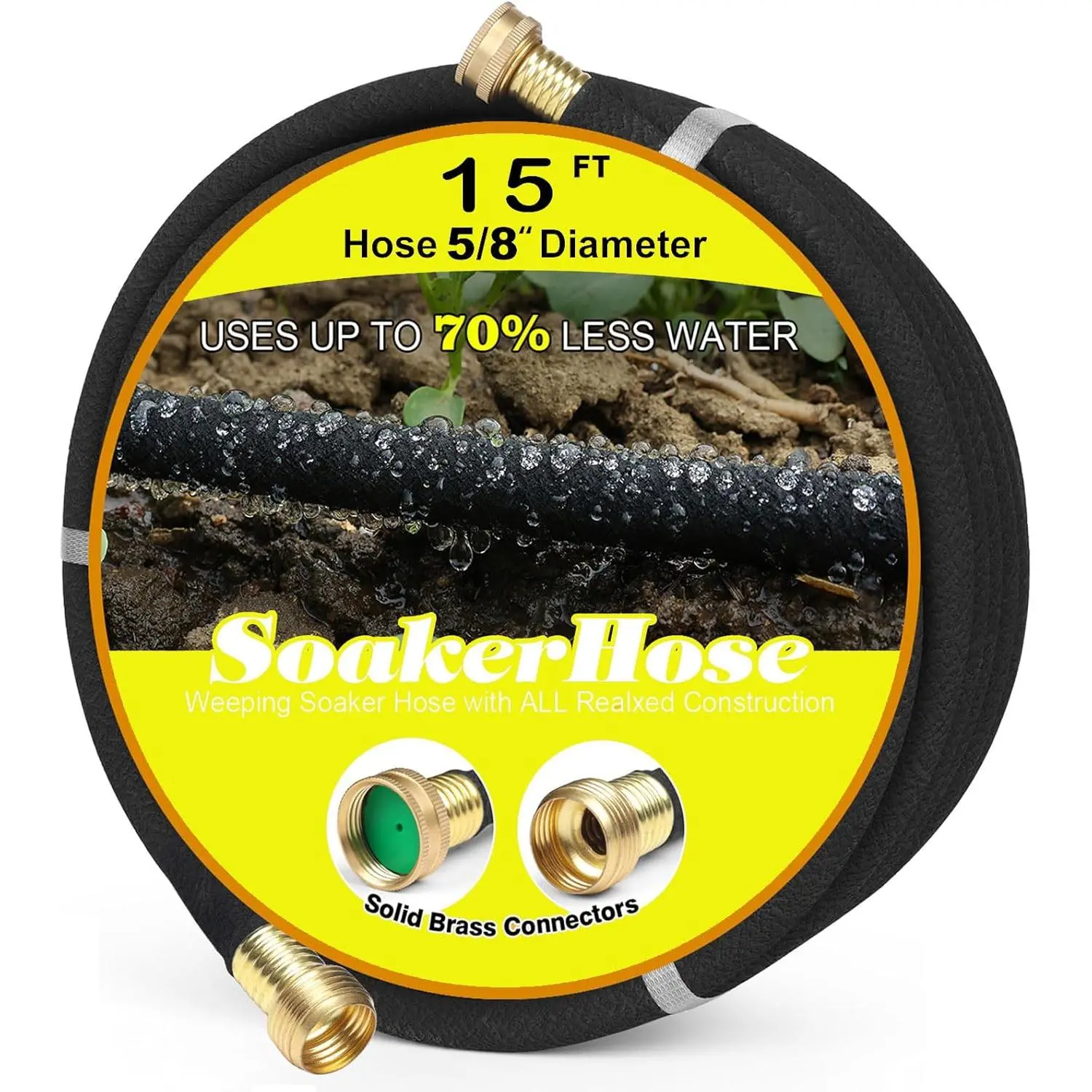 Soaker Hose 15FT 5/8" Diameter for Garden Beds Solid Brass Interface Irrigation Save 70% Water Heavy Duty Rubber  for gardens/flower beds