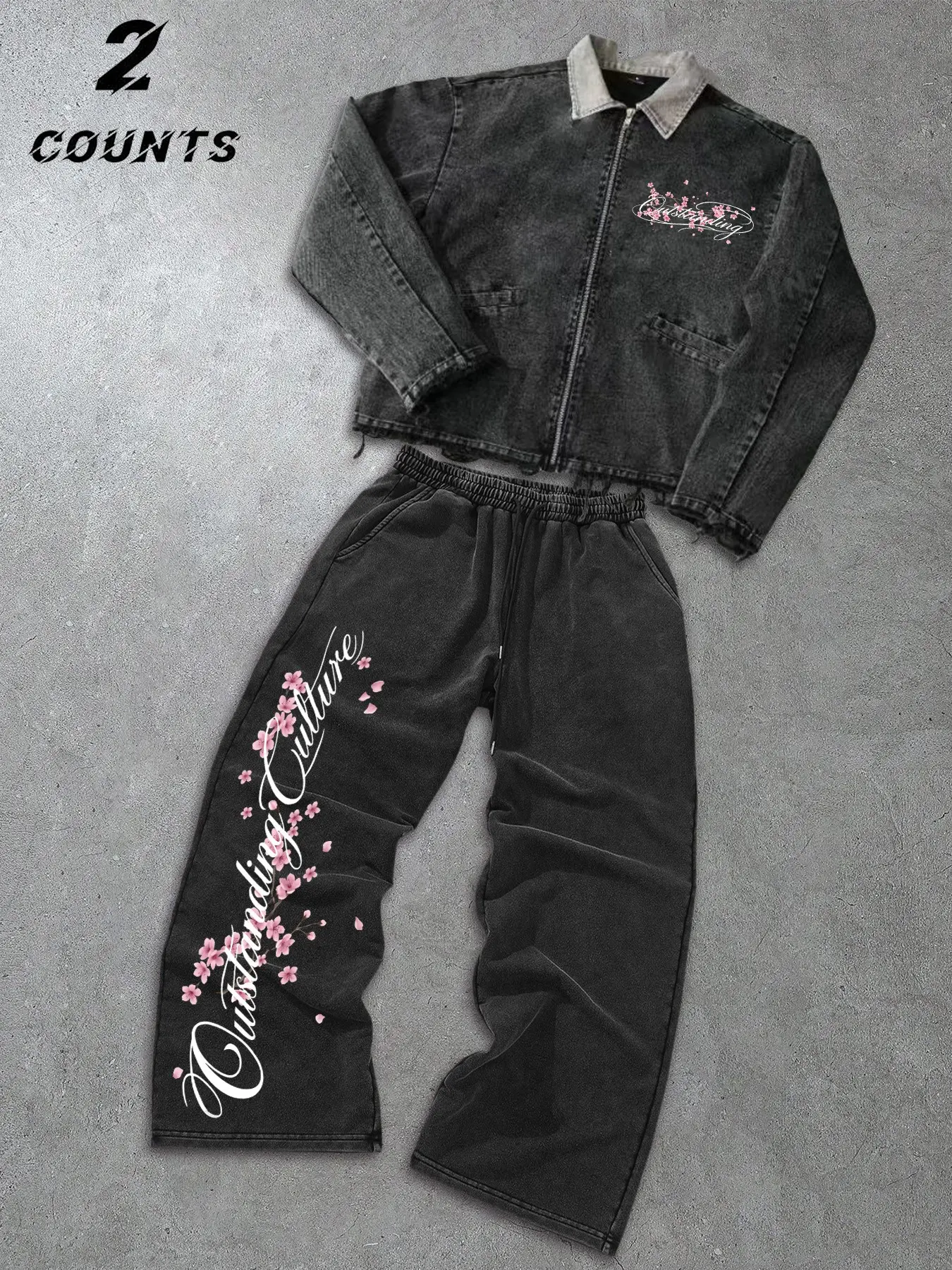 Men's/Unisex Cherry Blossom Sakura Print Acid Wash Zip Up Denim Jacket & Casual Wide Leg Pants Co-Ord Set – Chill Streetwear Fit for Daily OOTD