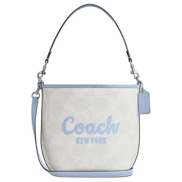 Coach Classic Monogram Canvas Bucket Bag for Women, Glacier White and Blue