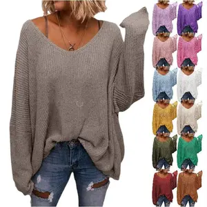 Imily Bela Women's V Neck Long Sleeve Knit Loose Oversized Pullover Sweater Top