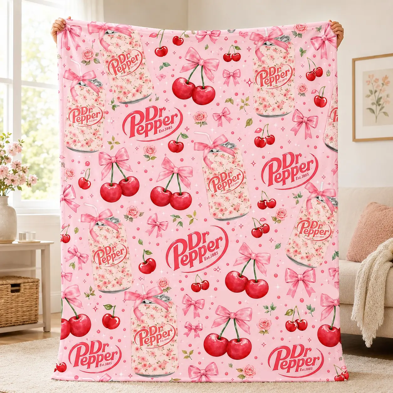Cherry Bow Flannel Blanket, Floral Soda Can Print, Soft Lightweight Cozy Throw, Ideal for Sofa, Bedroom, Naps, Fan Gifts