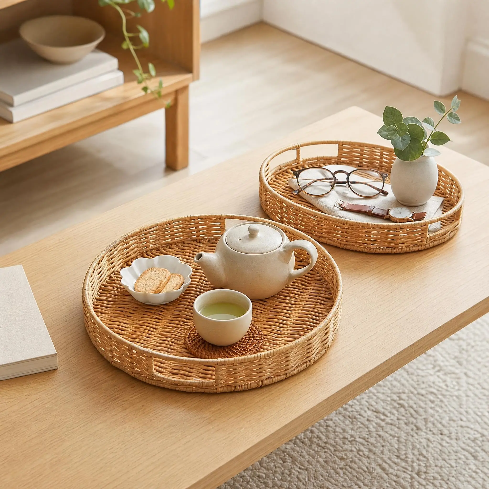 GAOMON 2-Piece Lightweight Boho Farmhouse Decorative Round Rattan Serving Trays with Handles, Hand-Woven Wicker Trays for Coffee Table, Kitchen Shelf Organizer, Tea, Fruit