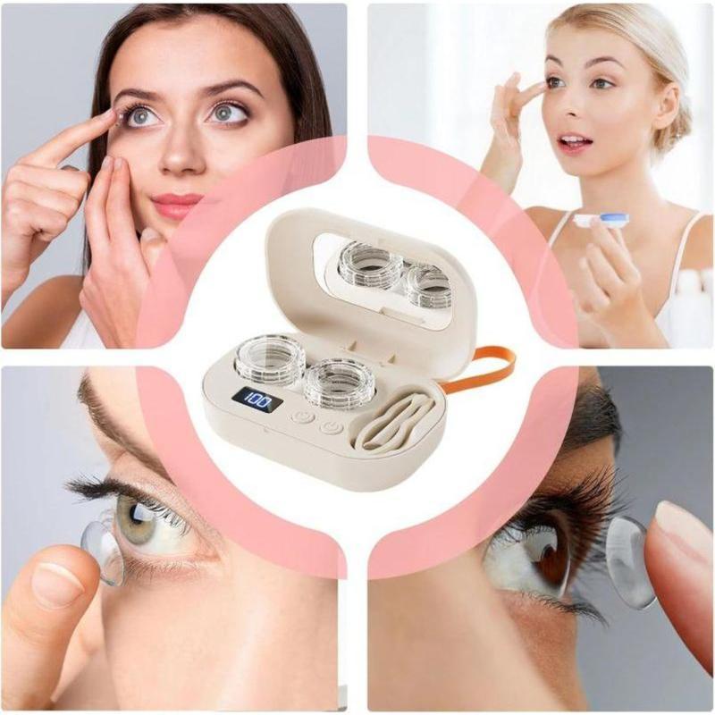 Ultrasonic Rechargeable Contact Lens Cleaner with Vanity Mirror - Portable Case for Hard & Soft Lenses, 2 Cleaning Modes, Daily Deep Cleaning for Travel, Sports, Office, and Home Use