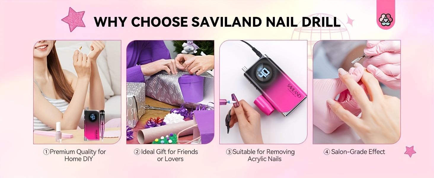 BeautyDAO SAVILAND Electric Nail Drill: Portable 40000RPM nail filter Electric Nail Manicure Pedicure 13 acrylic nail drill Fake nail gel Nail Dip Nail Artificial nail home salon, gradient color, gift You deserve it