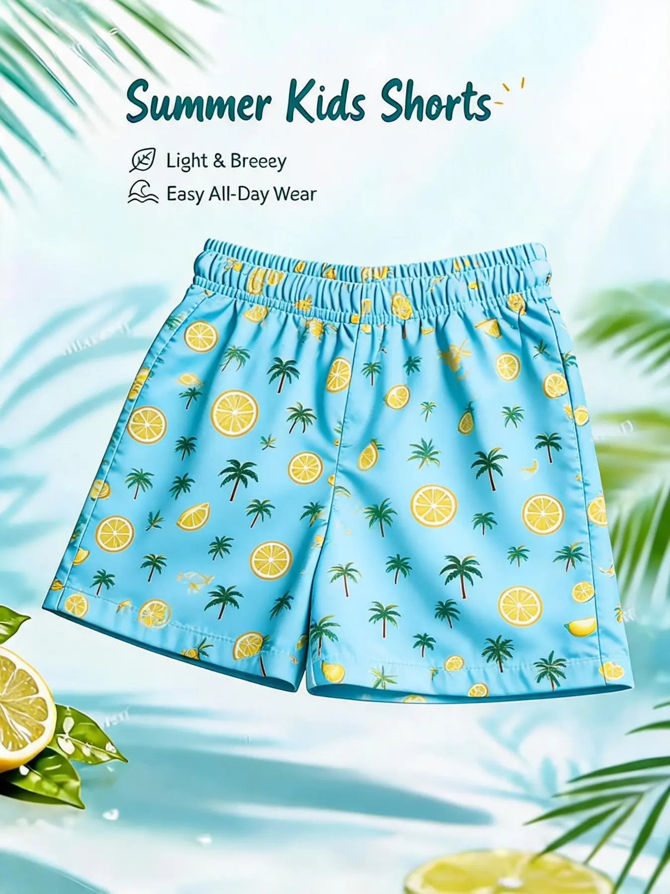 Pastel Blue Citrus Palm Pattern Kids Swim Shorts Stretch Comfort Sweat Resistant Elastic Tie Multi Occasion Wear For Sunny Beach Picnic Sports Boys 4-13Y Hot Summer Must Have