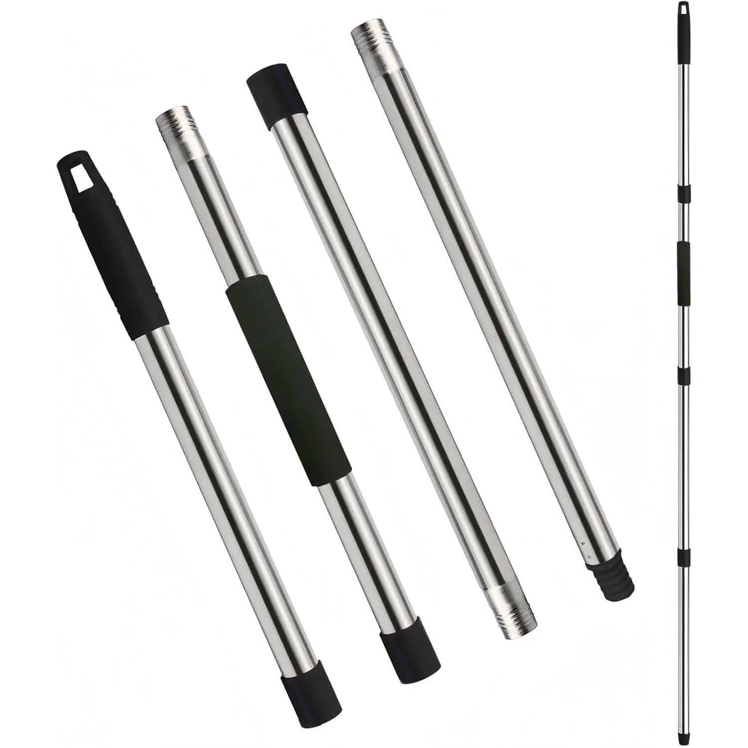 Mop Handle Replacement - 4-Section Adjustable from 30" to 58" - Durable Stainless Steel Mop Pole with American Thread Joint for Spin Mops & Brooms (Black)