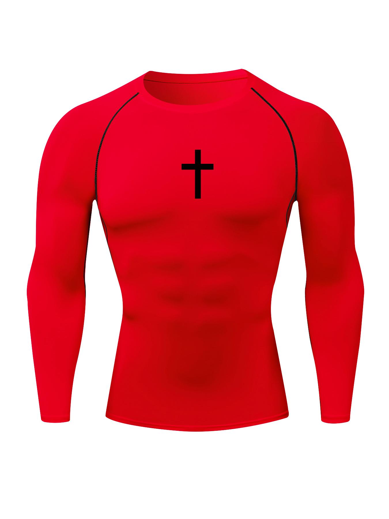 Men's Cross Print Round Neck Sports Tee, Tight Sporty Quick Drying Breathable Long Sleeve T-shirt, Men's Sportswear for Spring & Fall Gym Workout, Athletic Style High Performance Activewear