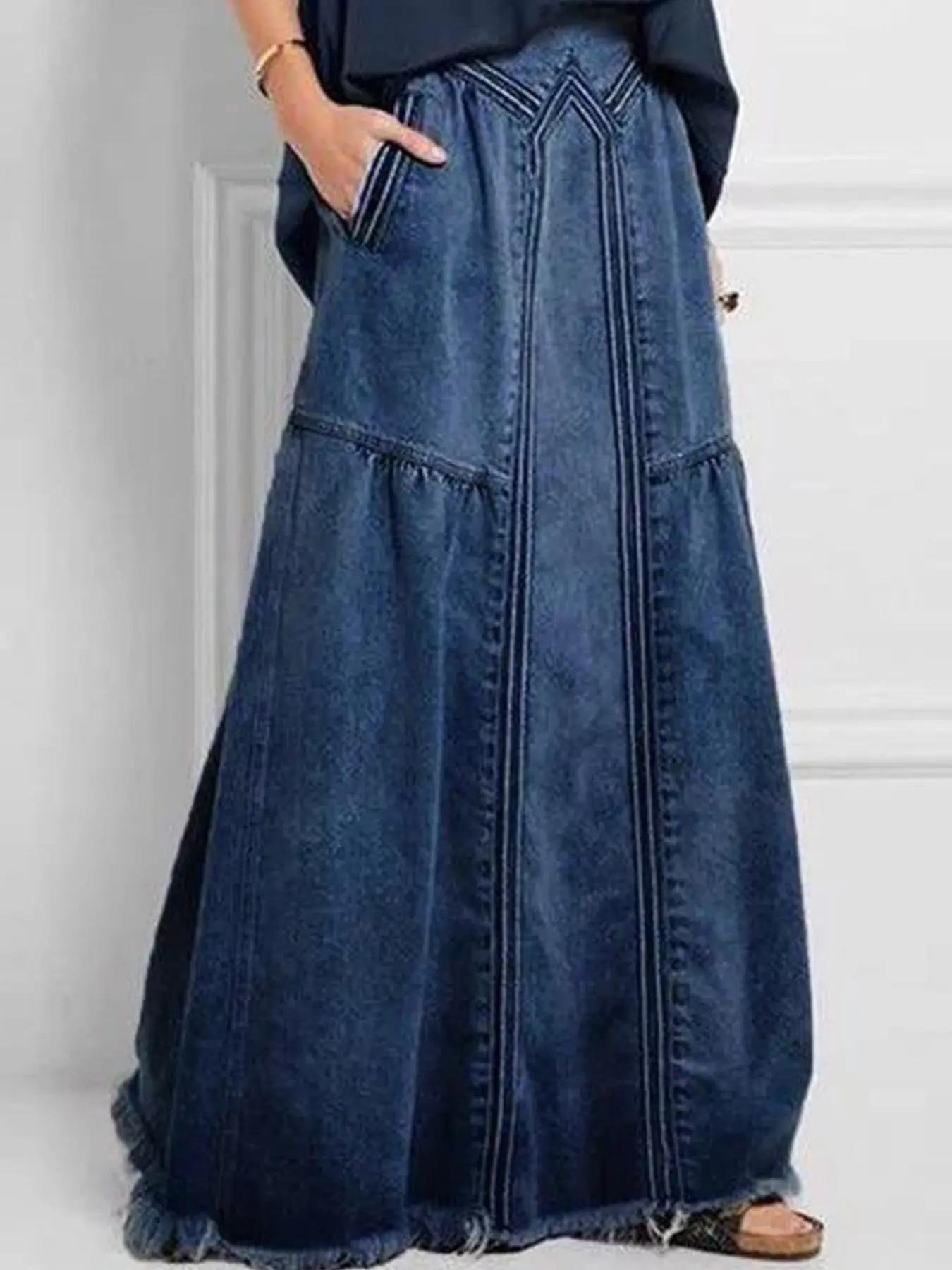 Women's Denim Skirt, Casual Loose-Fitting Baggy Maxi Skirt, Elastic Waist, Plain Surface, All Seasons, Comfortable Street Style