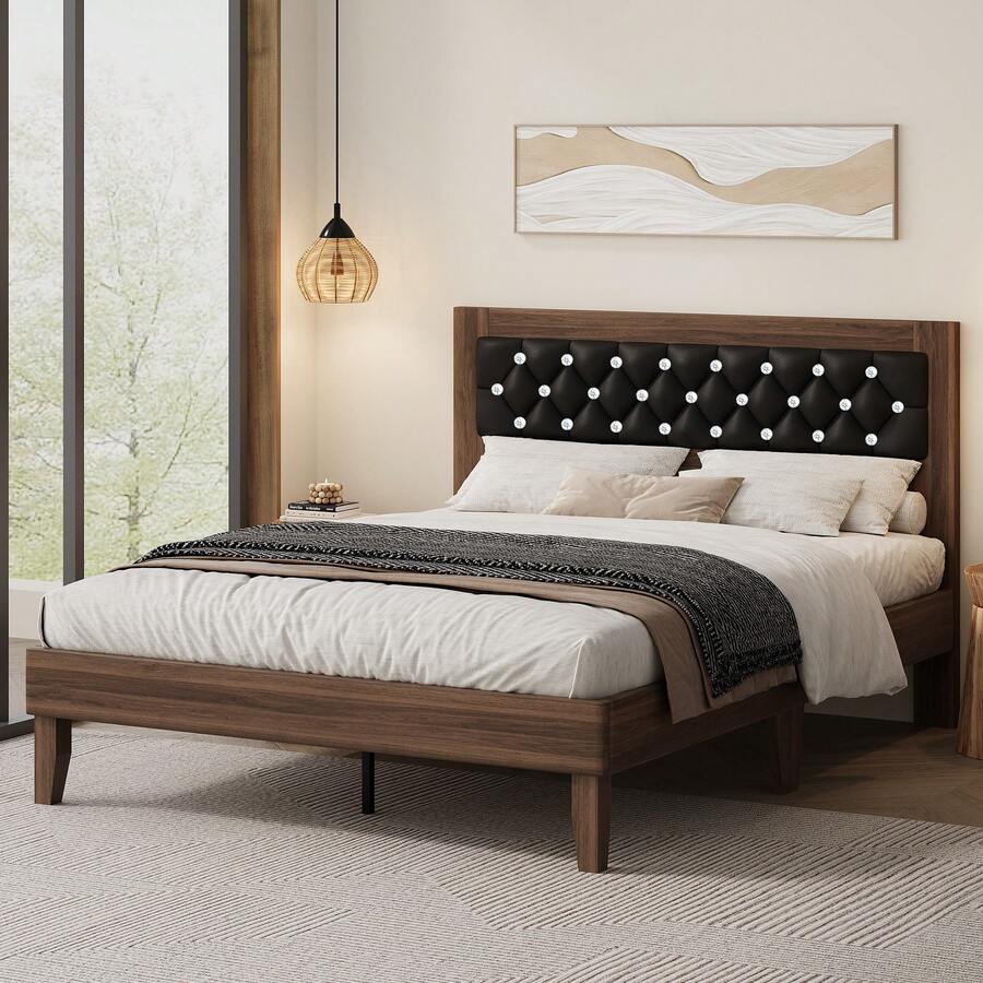 Upholstered Bed Frame with Diamond Tufted Headboard, Vintage & Modern Style, Strong Wooden Slat Support, No Box Spring Needed, Noise-Free Easy Assembly