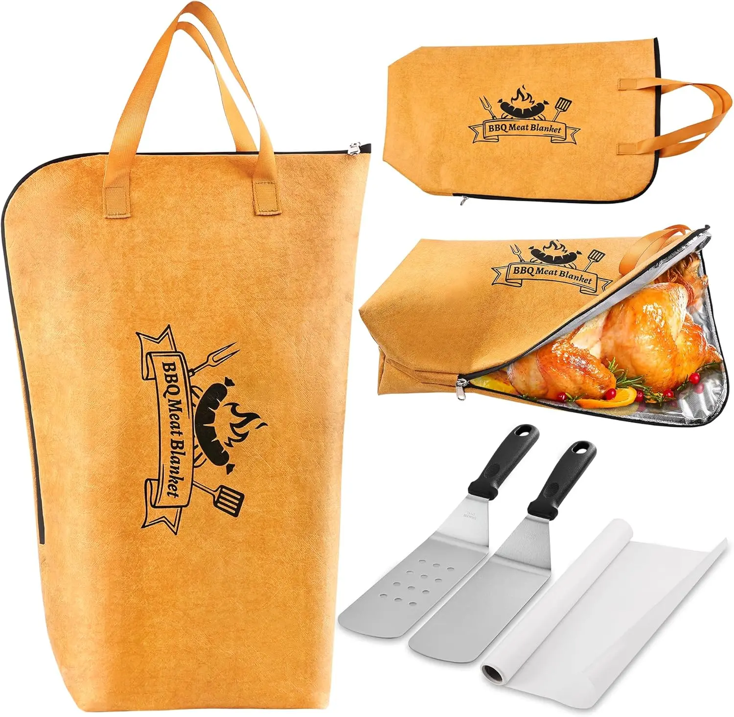 Grilljoy 4-Piece Barbecue Baking Tray Utensil Set - Thick Durable Meat Resting BBQ Blanket, Stainless Steel Baking Scraper, Silicone Baking Paper, Large Capacity Roasting Bag (Shopping Deals Today, Father’s Day Gift Ideas) for Barbecue Enthusiasts camping