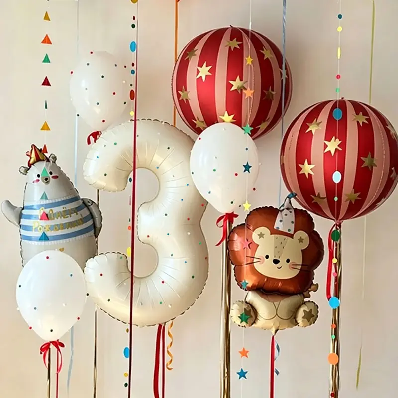 62-Piece Circus Animal Birthday Balloon Set, Includes 32-Inch Cream Number Foil, Heart Bear, Lion Balloons, 4D Star Balloons，Suitable for circus-themed birthday parties, children’s park event decorations, animal-themed parties, whimsical circus-style
