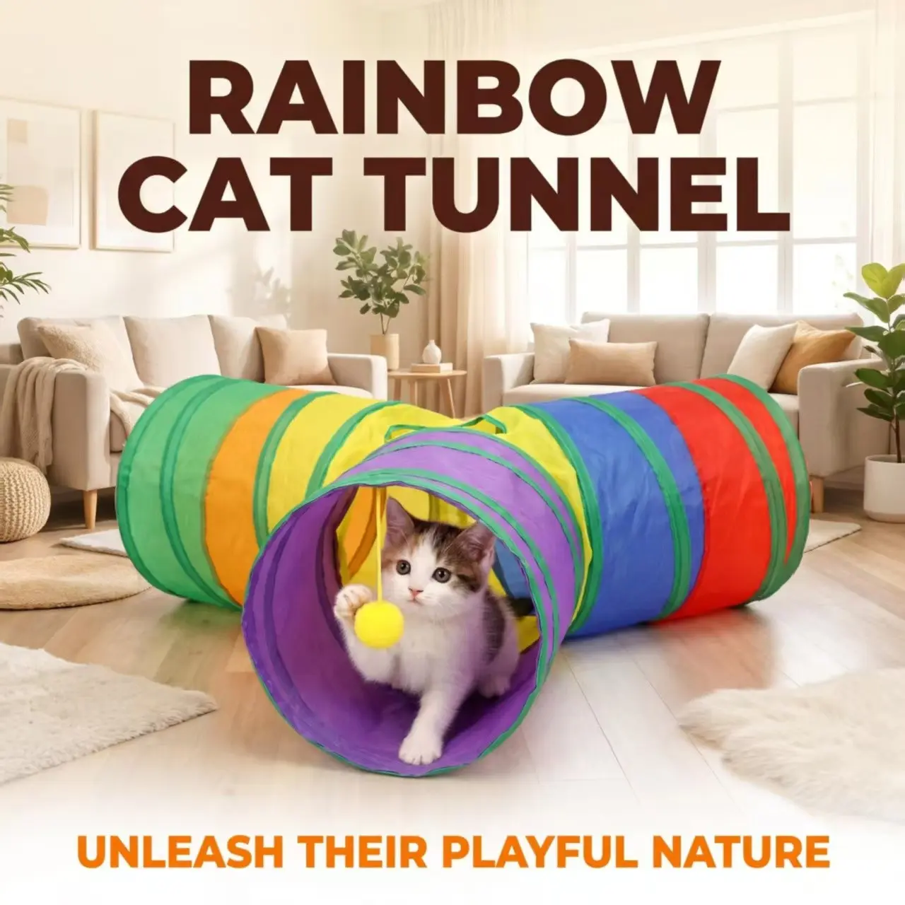Collapsible Cat Tunnel Toy Rainbow Interactive Fun Pet Play Tunnel for Indoor Cats Kittens