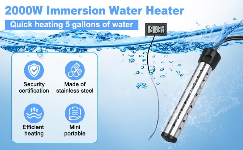 2000W Portable Electric Water Heater with 304 Stainless Steel LCD Thermometer & Bucket Heater for Efficient Safety in Submersible Bathrooms Durable Multifunction for Bathtub & Swimming Pool