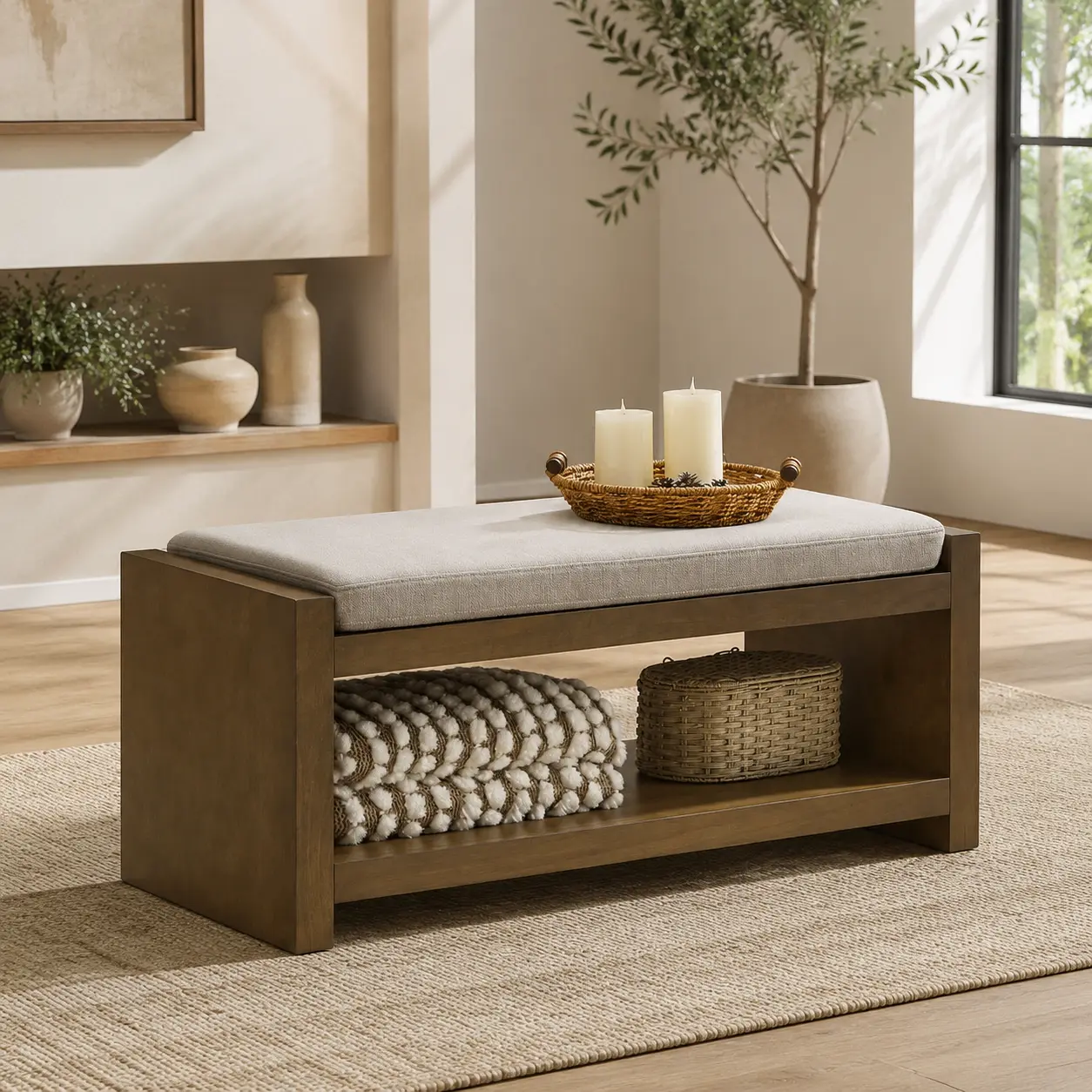 Littleox 40" Accent Bench with Lower Shelf Shoe Rack, Padded Seating Bench for Living Room, Modern Compact Bed End Bench with Storage for Bedroom Seating, Removable Cushion