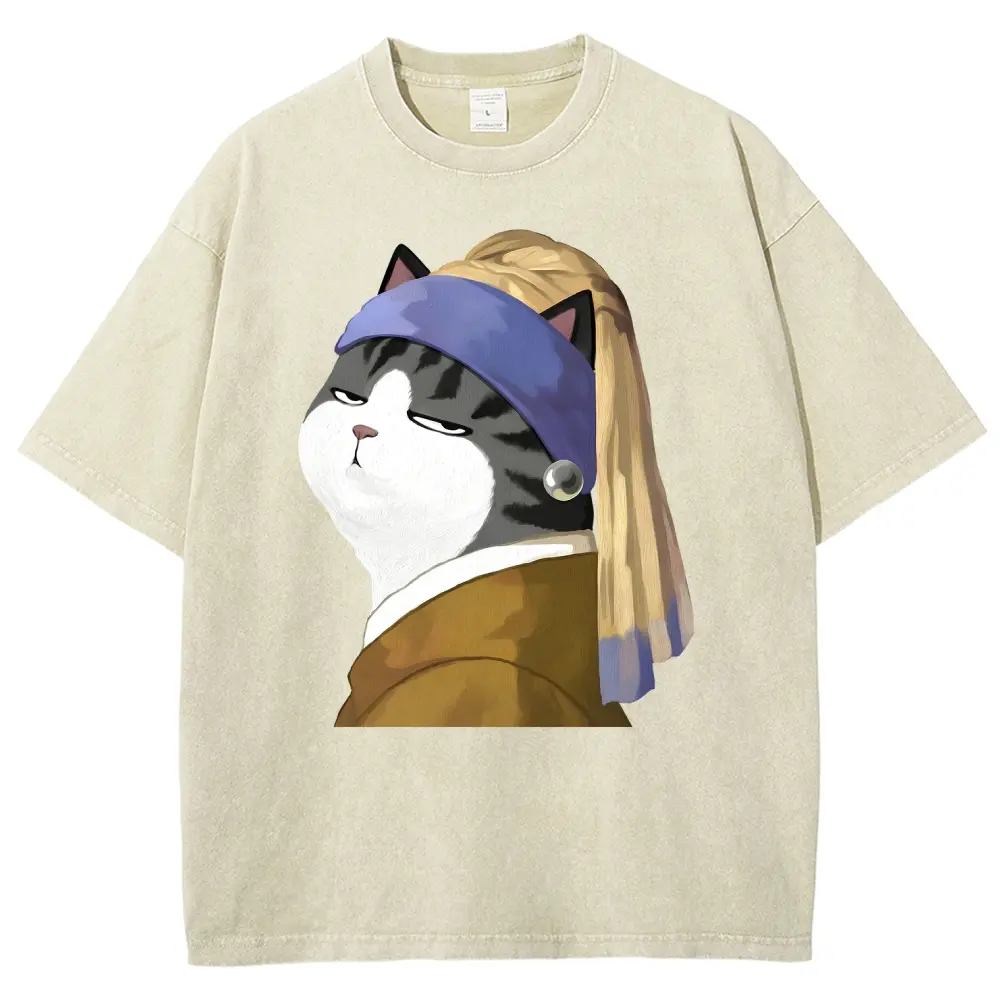 Unisex Cat Wearing a Pearl Earring, a Tribute to the Famous Painting Graphict Washed T-Shirt Personalized Pattern Y2k Clothing Round Neck Washed T-Shirt,Women's Clothing 100% Cotton, Menswear, Top, Vintage Style,Summer Casual Oversized