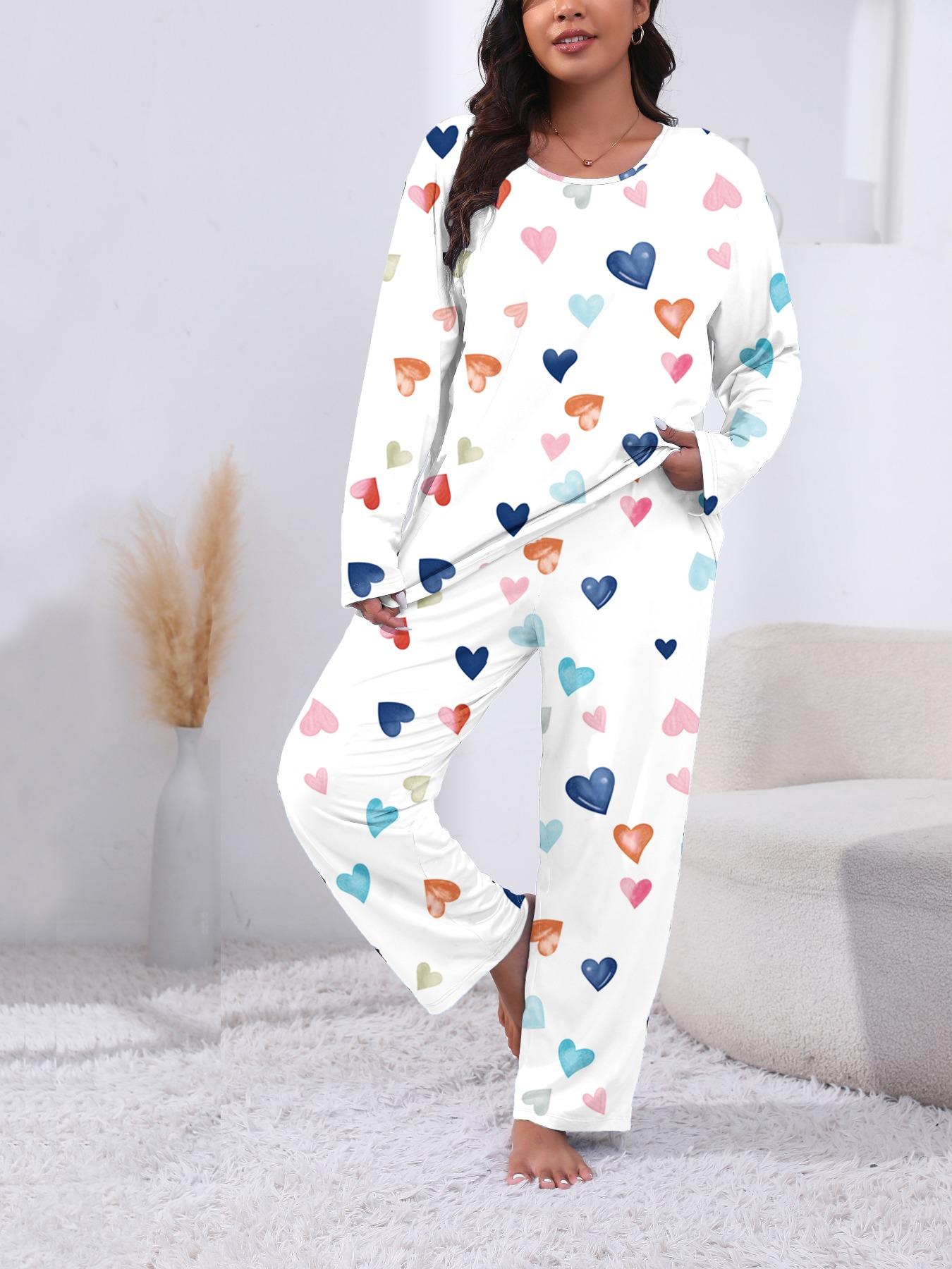 Plus Size Two-Piece Heart Print Pajama Set, Casual Long Sleeve Tee & Pants, Women's Plus Sleepwear & Homewear for Spring & Fall