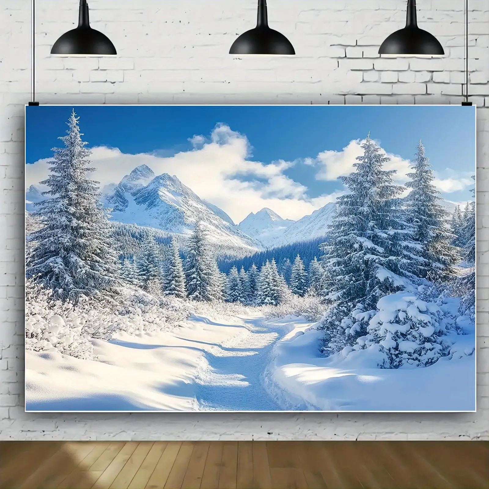 Winter Christmas 2D Flat Backdrop Banner | Snowy White Christmas Tree Single-Sided Polyester Fabric | Metal Grommets Easy Hanging Party Photo Background
