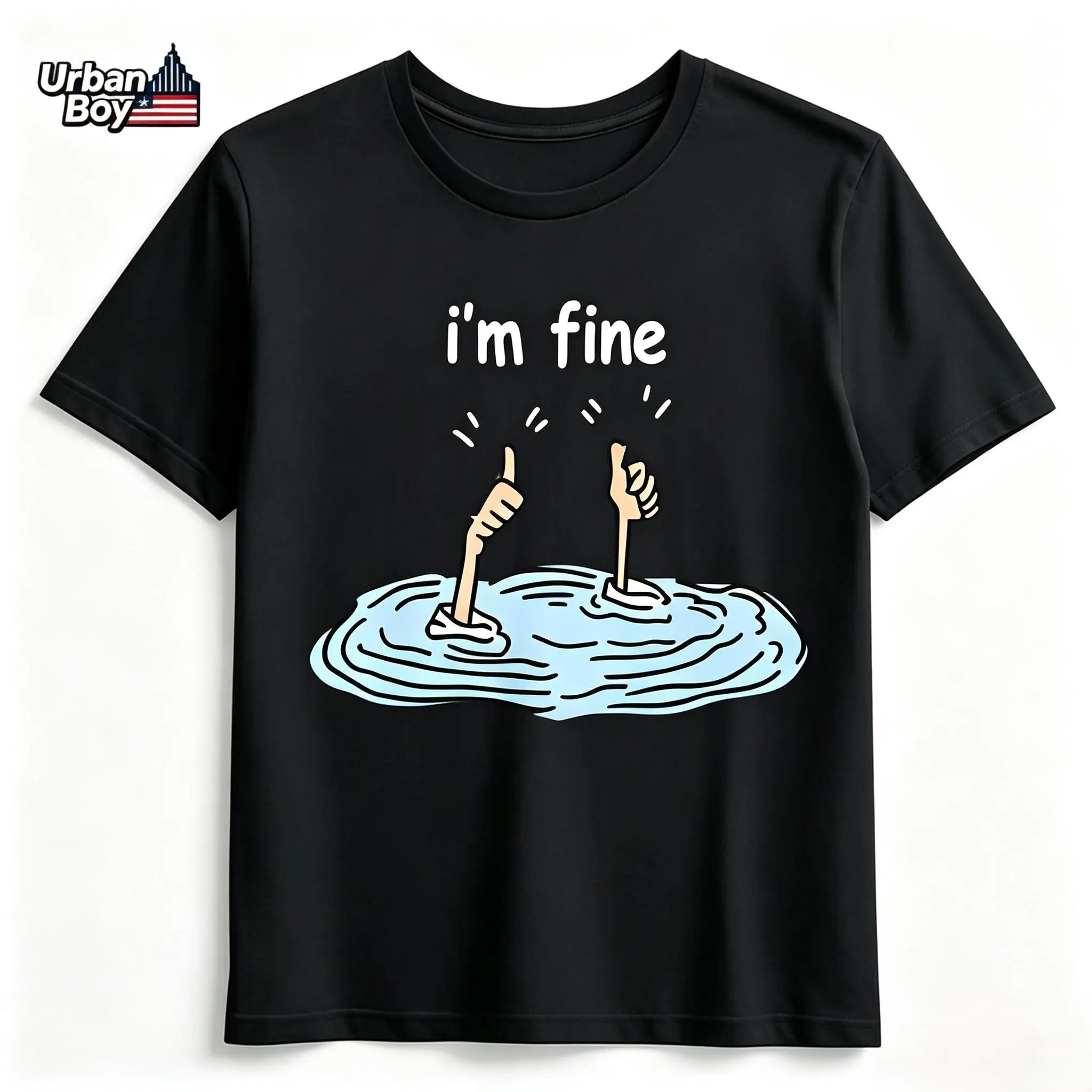 100% Cotton I'm Fine Drowning Thumbs Up Cartoon Graphic T-Shirt Funny Sarcastic Meme Mental Health Text Print Short Sleeve Crewneck Viral TikTok Unisex Tee Men Women campingessentials