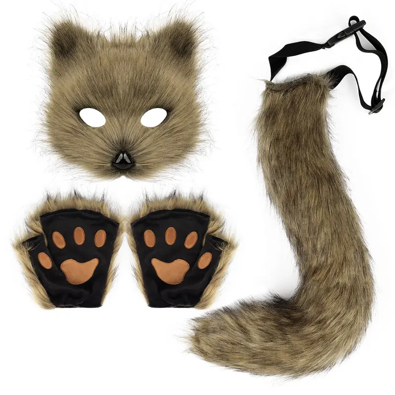 Halloween costume set includes a simulated fox mask, gloves, plush fox tail, handmade animal tail, cosplay props and accessories