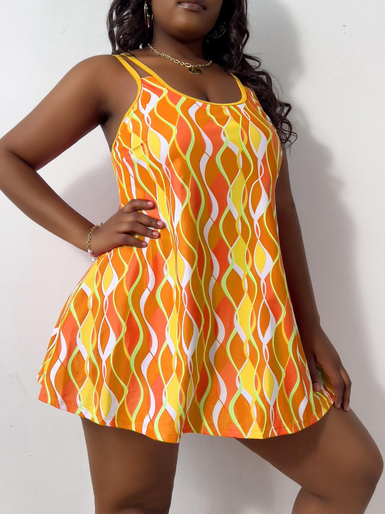 Plus Size Colorful Wave Striped Print Tankinis Set, Adjustable Strap Backless Scoop Neck Swim Top & Swim Shorts, Fashion Casual Ladies Swimsuit for Summer