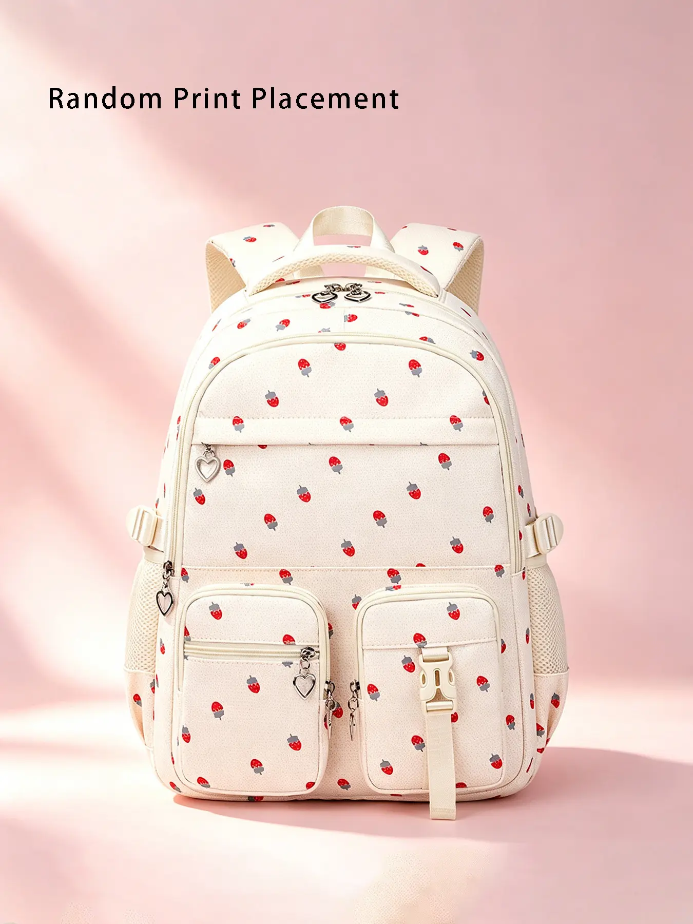 1pc Big Size Cute Fruit Print School Backpack, Minimal Cream Base Strawberry Motif Daypack with Heart Charm Zippers & Adjustable Chest Strap, Multi Storage Pocket Casual Bag for Daily Campus Life