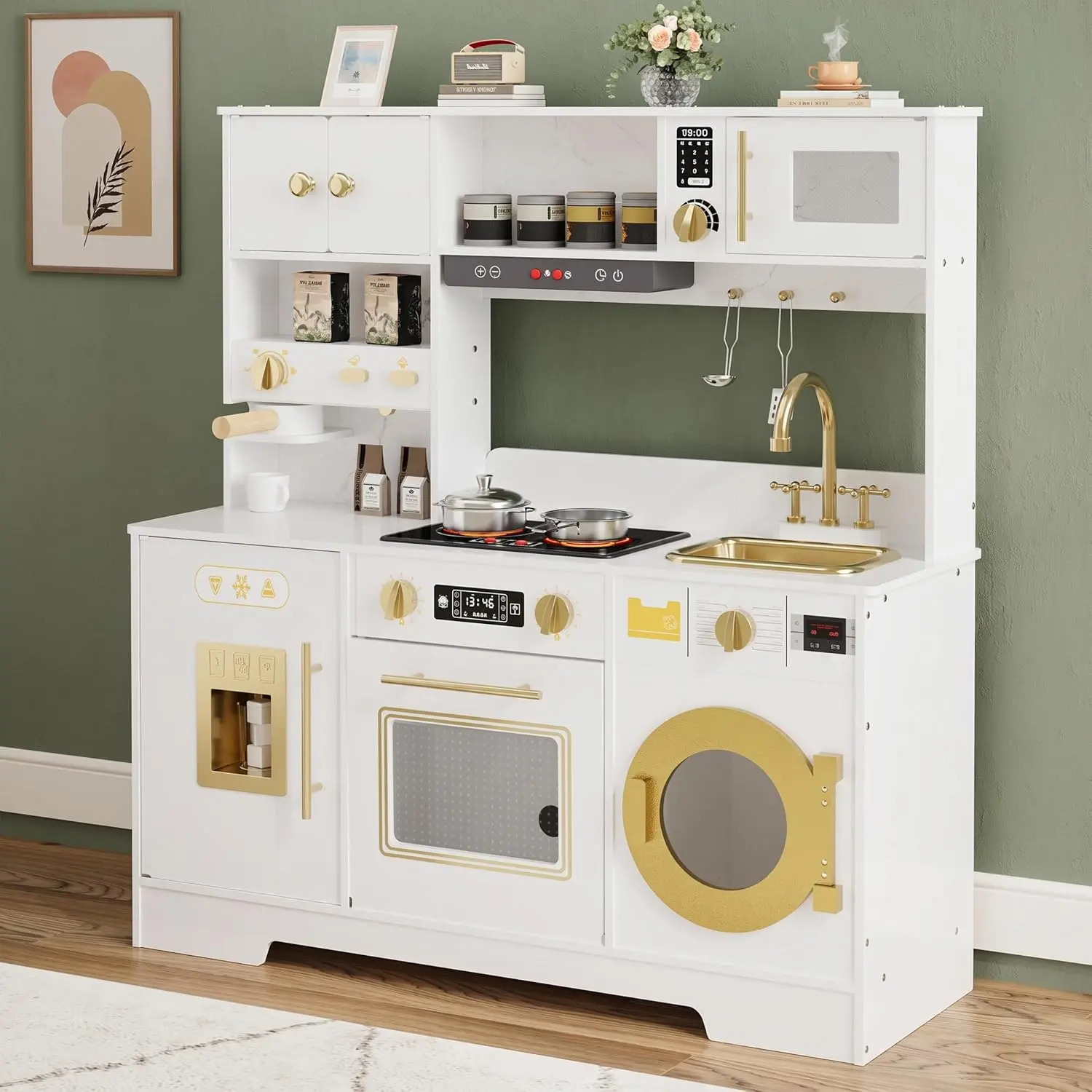 Wooden Kids Play Kitchen Playset Real Lights Sounds Pretend Chef Toddler Toy Food Cookware Accessories
