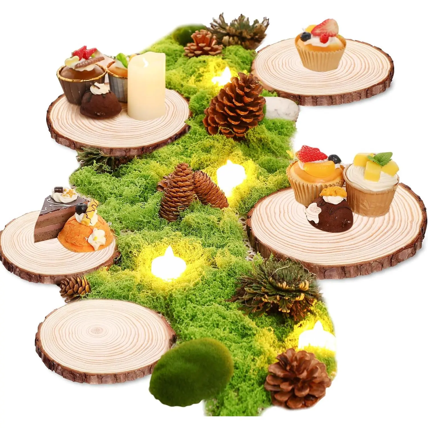 7 Pack  Table Centerpieces with Rustic  Slices and Artificial  Green Moss for Wooden Fairy Wedding Woodland Table Decor Ideal DIY Crafts (4. 7-5. 5'')