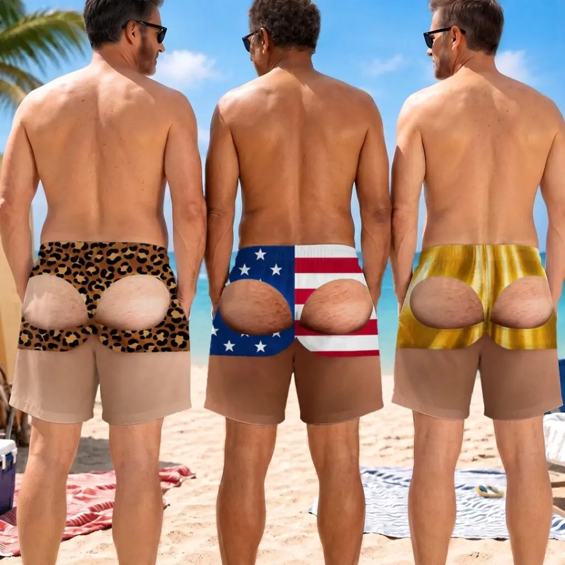 Funny Butt Swim Trunks For Men, Custom American Flag Beach Shorts, Birthday Gift For Men