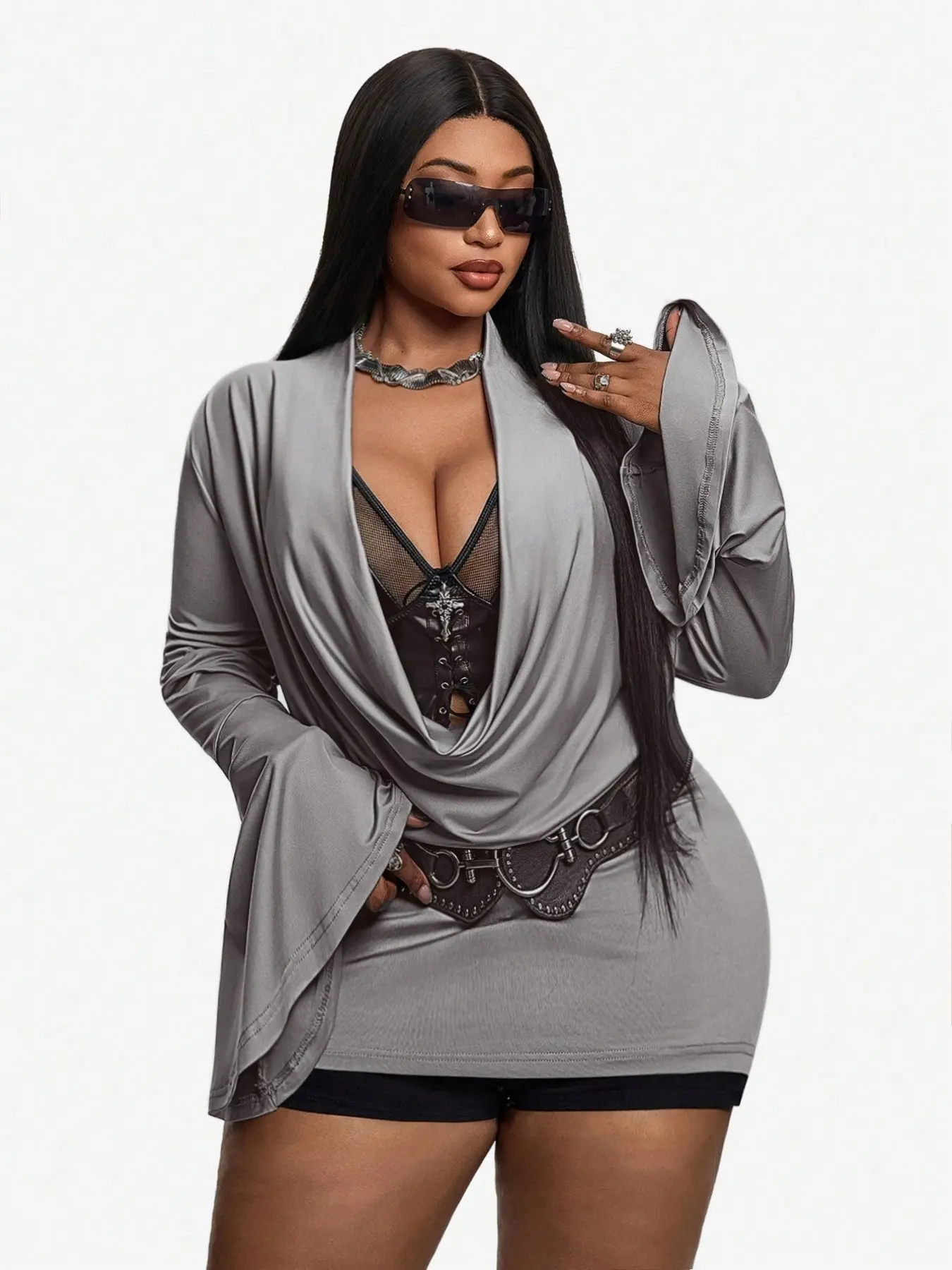 Plus Size Draped Cowl Neck Tunic Top for Women, Long Flare Sleeve Belted Ruched Mini Tunic Shirt, Curvy Y2K Gothic Night Out Fit Blouse Outfit