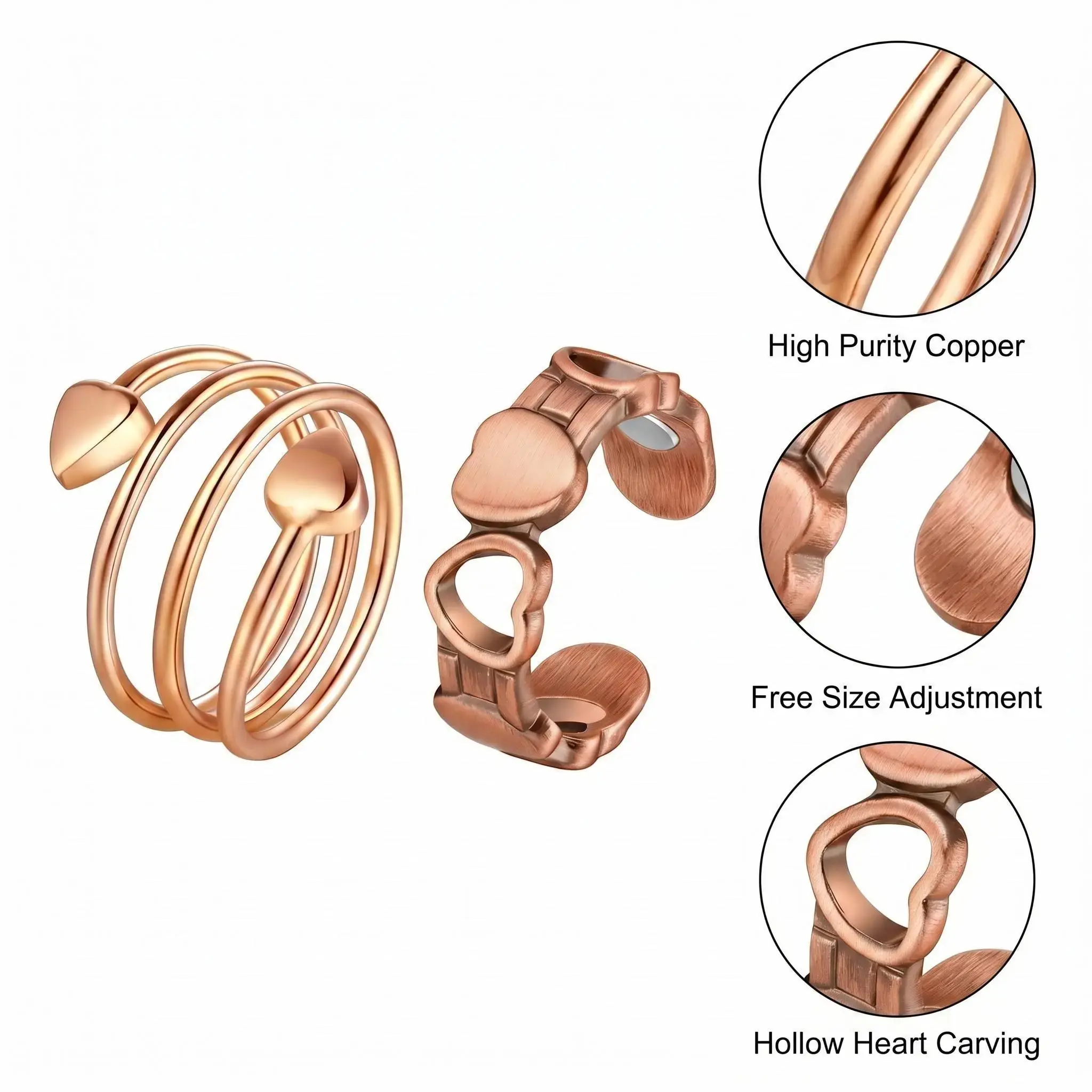 99.9%25 Pure Copper Magnetic Rings (2-Pack) - Unisex Real Copper Jewelry, Hollow Metal Heart Sizer Adjuster Rings, Free Size Healing Accessory Gift for Men & Women, Finger Jewelry, Two 99.9%25 Pure Copper Magnetic Rings