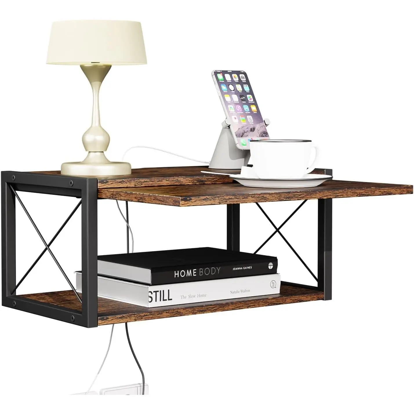 2-Tier Floating Nightstand, Wall Mounted Bedside Table, Wood Bedside Shelf Wall Mounted Nightstand, Floating Bedside Table Wall Shelf for Bedroom, Living Room, Kitchen, Office, Rustic Brown
