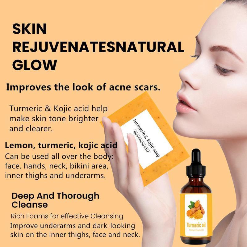 Turmeric Facial & Body Care Set, 3 Counts Turmeric Soap Bar & 1 Count Turmeric Essential Oil & 1 Count Soap Bag, Moisturizing Hyaluronic Skin Care Set for Women & Men