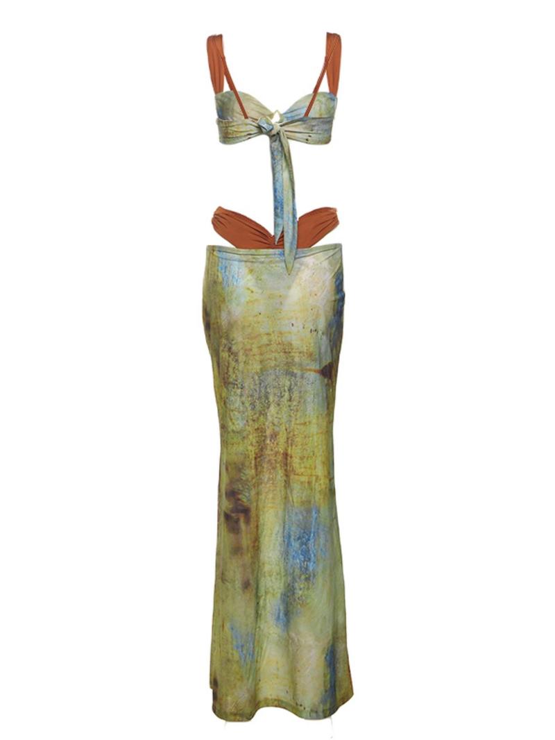 Summer Seaside Vacation Dunhuang Style Print Classical Sexy Hot Cool Women's Skirt Three-piece Set, Bodycon Skirt Set, Casual Outfit Set, Bohemian Skirt Set, Beach Outfits Set, Clothes