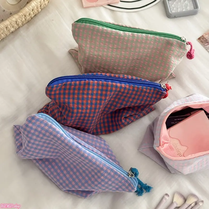 Color Block Plaid Canvas Makeup Bag, Large Capacity Portable Cosmetic Organizer for Women, Lightweight Travel Wash Pouch for Skincare Storage, Vacation & Daily Outdoor Carry