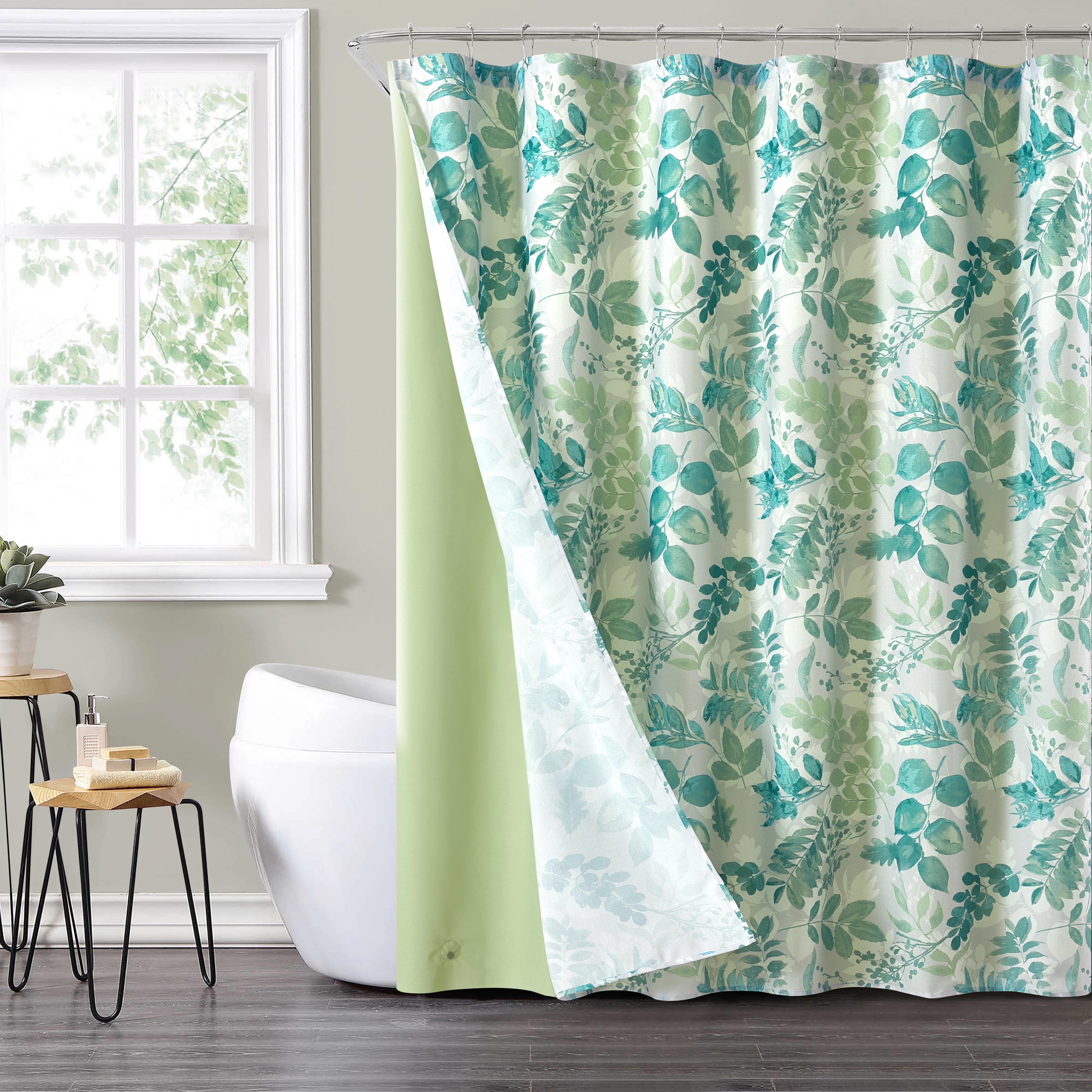 Green Floral Shower Curtain Set with Hooks & Liner – 72x72 Green Floral Shower Curtain Set with Hooks & Liner – 72x72