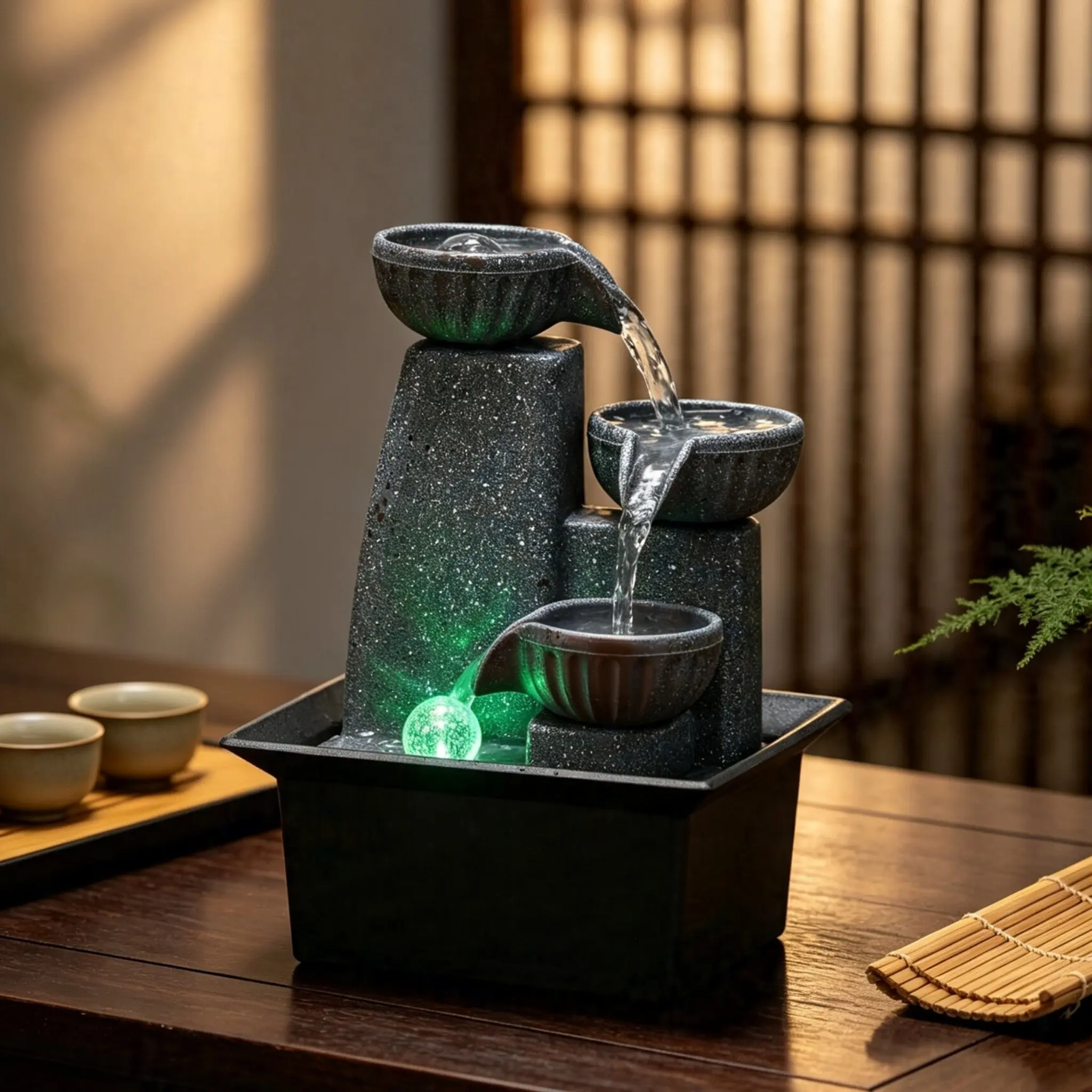Three-Layer Indoor Table Water Feature Decor, LED Light Humidifier, Office Cat Gift, Living Room Study Decoration