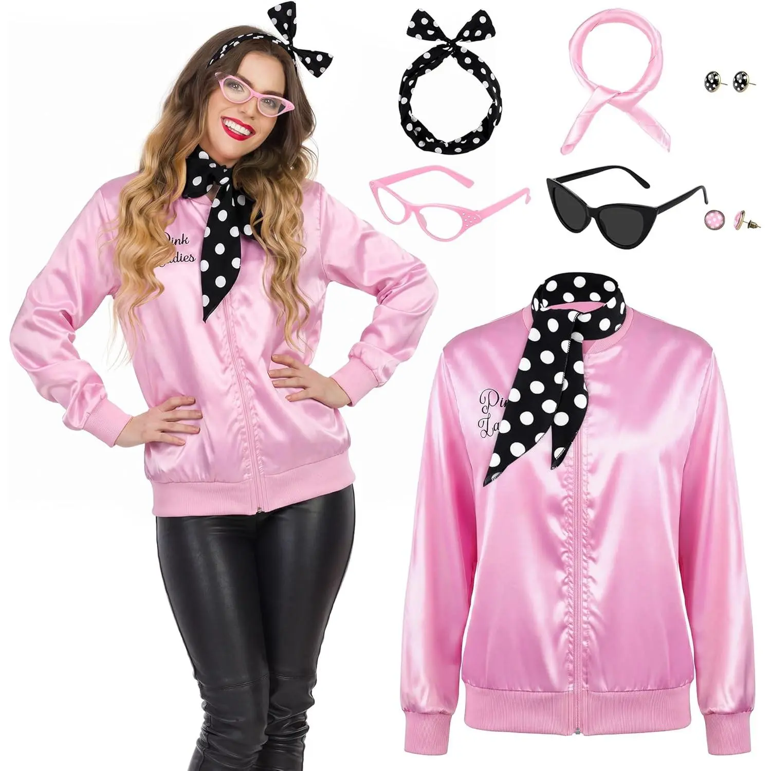 Ladies' 1950s Satin Fabric Clothes Costume Set - 8-Count Adults' Halloween Outfit with Headband, Scarves, Earrings, Glasses, Matching Accessories for Everyday Use