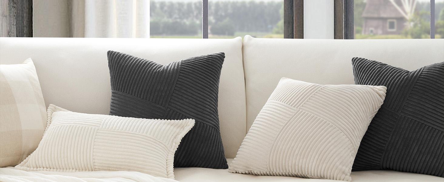2 Decorative Darkgrey Throw Pillow Covers 22x22 Inch Soft Corduroy Pillow Covers Boho Textured Striped Patchwork Cushion for Couch Sofa Bed Cute Home