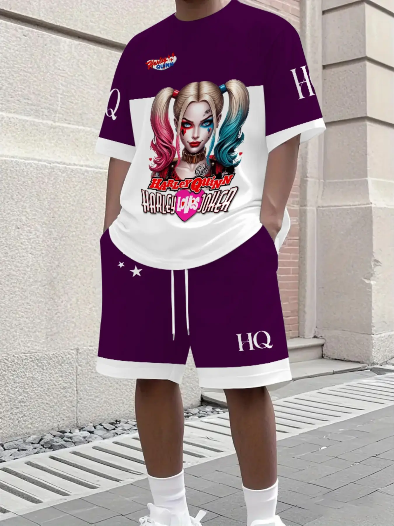 Warner Bros Men's Harley Quinn Batman Logo Two-Piece Set, Back Print T-Shirt with Matching Shorts, Casual Street Style