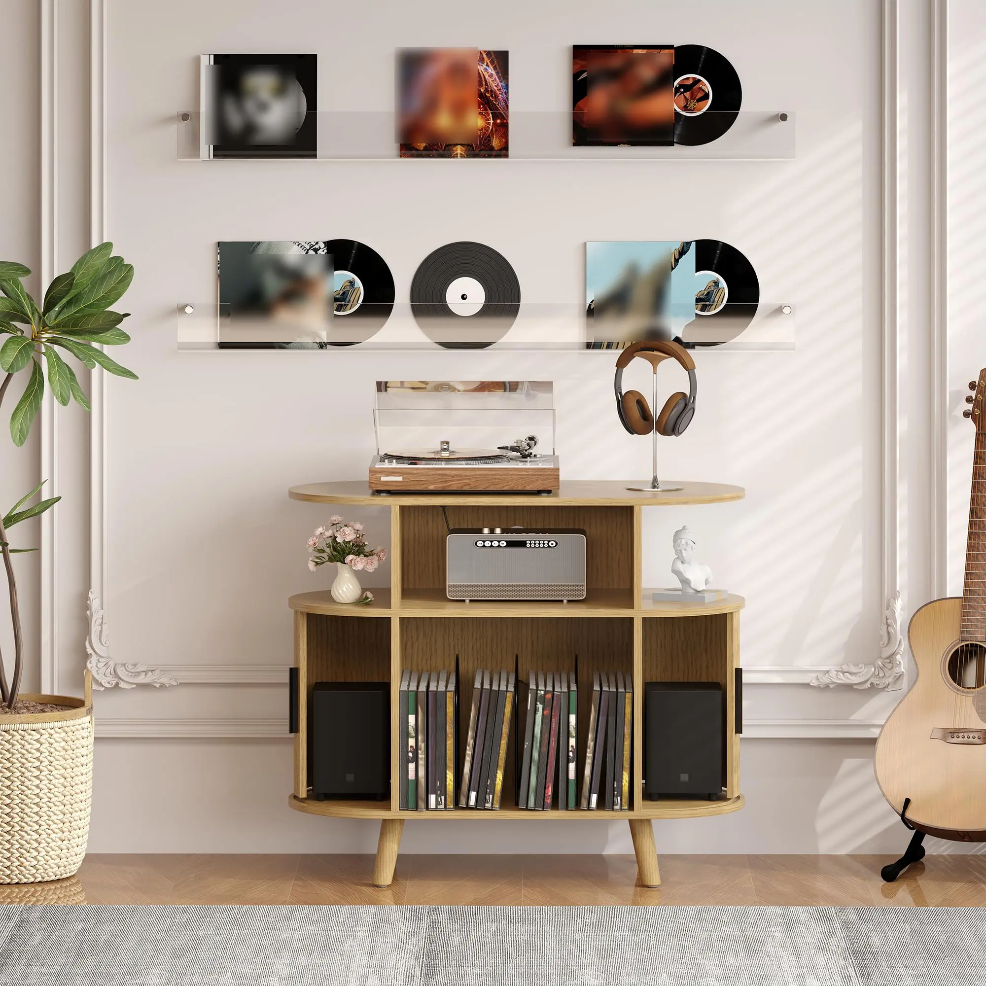 35'' Record Player Stand with Charging Station –Modern Fluted Turntable Cabinet,Woodem Media Console with Vinyl Display Shelf for Living Room, Bedroom & Music Corner