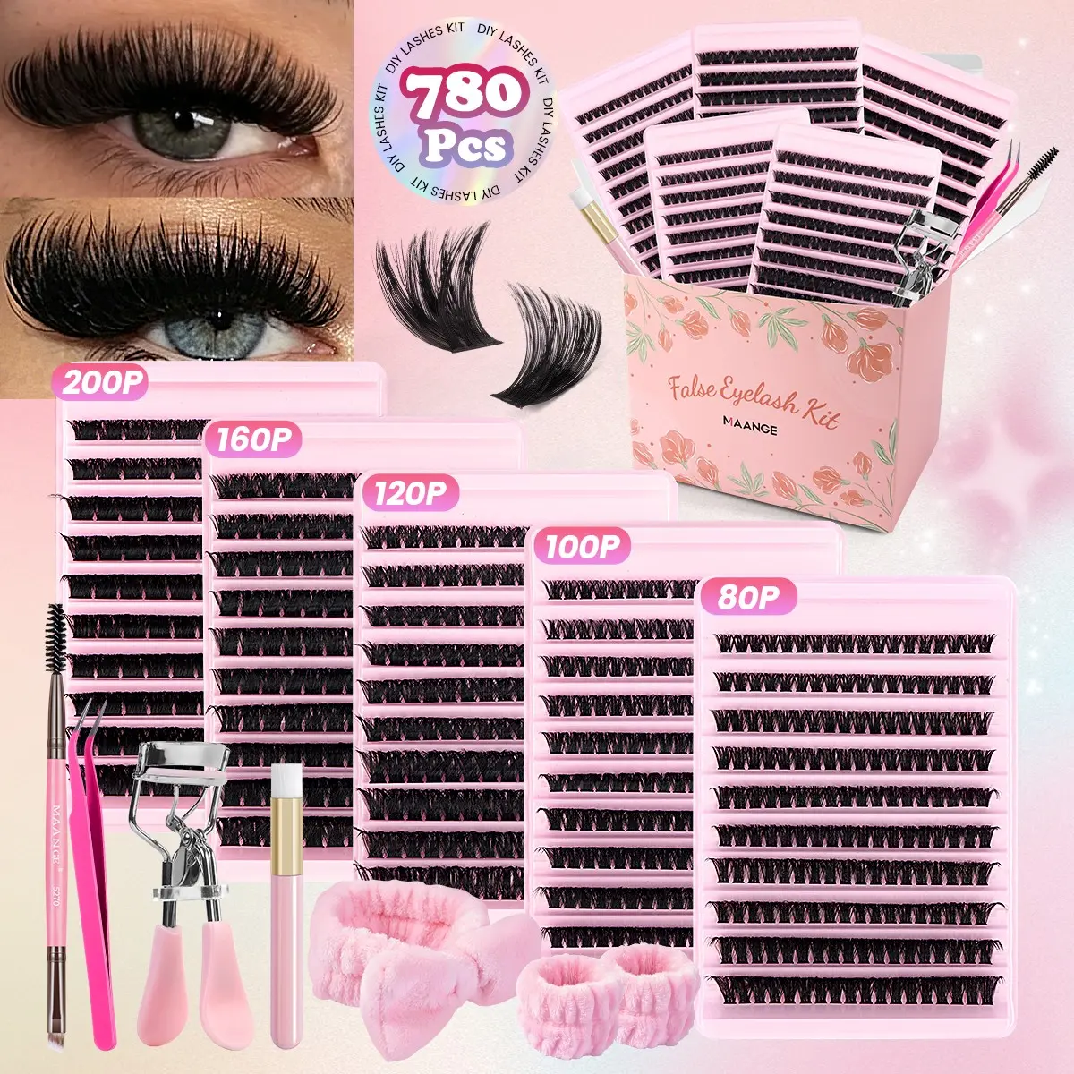 MAANGE 780 Pcs DIY Cluster Lash Extension Kit, 5 Density 80P-200P Individual Lashes, Complete Home Lash Set with Tweezers, Curler, Makeup Brushes & Spa Hair Accessories, Soft Reusable Wispy Lashes for Beginner Daily & Party Makeup