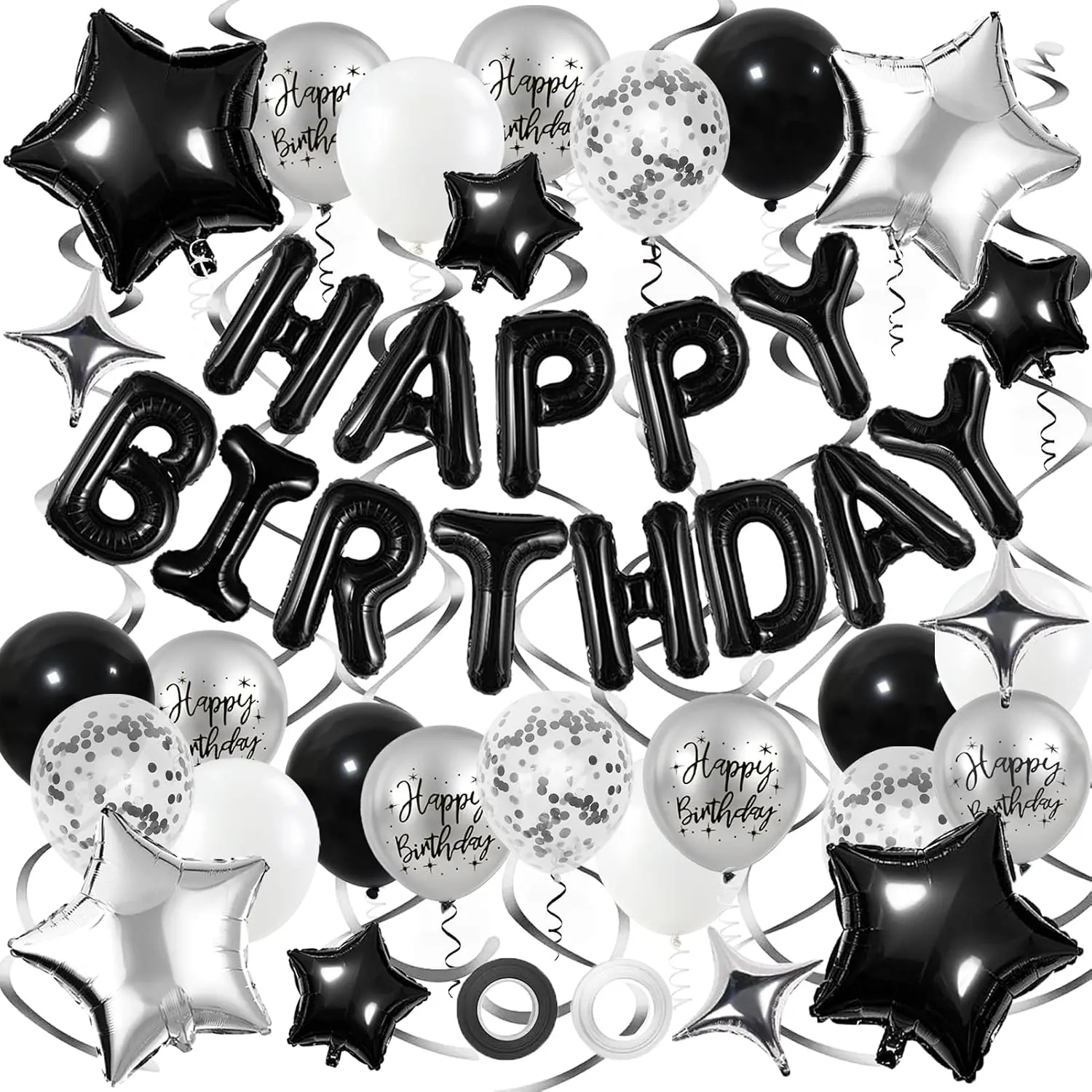 Black and Silver Birthday Decorations, 3D Foil Black Happy Birthday Balloons Banner with Star Balloons, Confetti Balloon, Hanging Swirls, for Boys Girls Men Women Party Decorations
