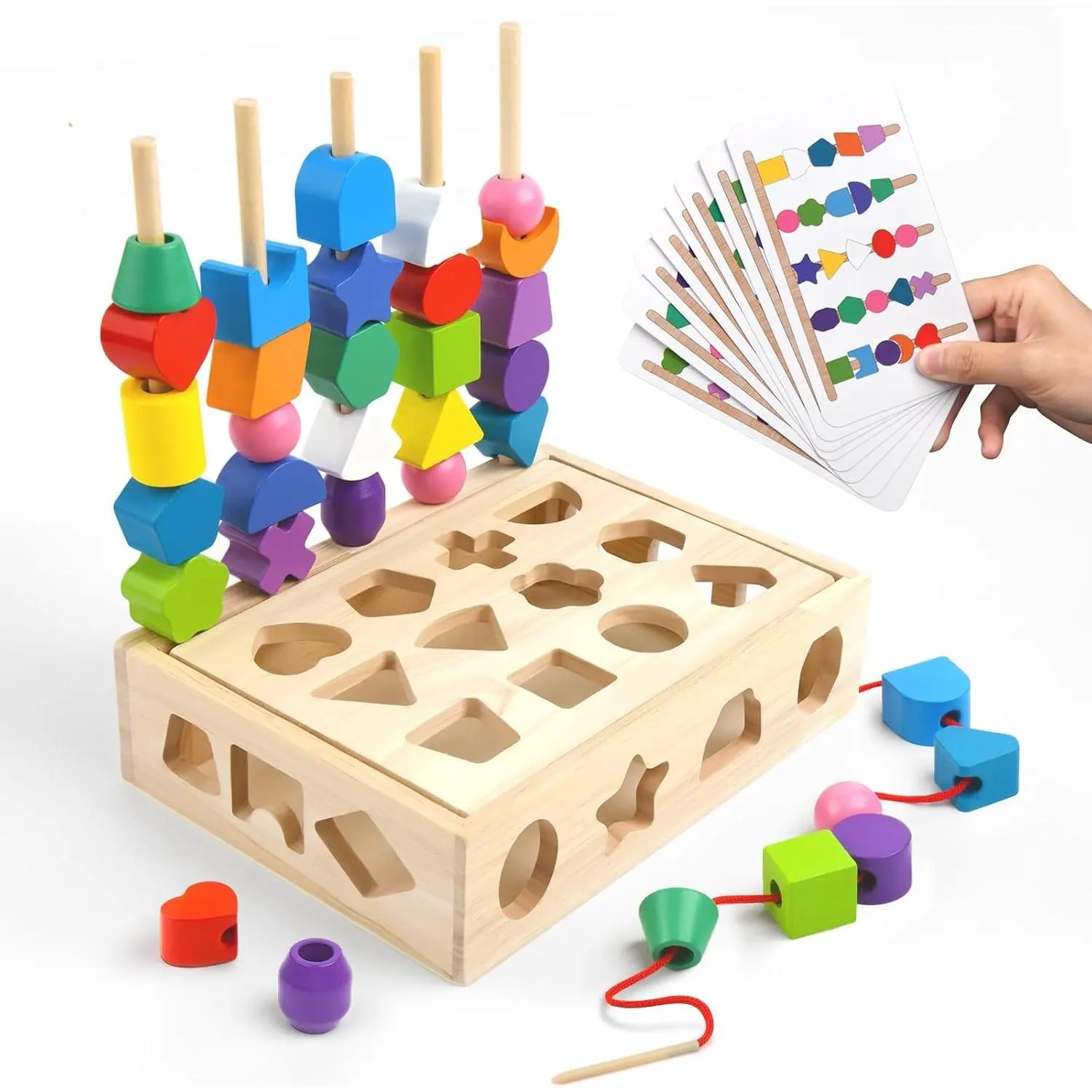 3 in 1 Wooden Color Sorting Stacking Toys, Montessori Toys Geometric Shape Sorter Matching Lacing Beads Sequencing Toy Set Preschool Learning Fine Motor Skills for Toddlers 3 4 5 Yearsfidget toys
