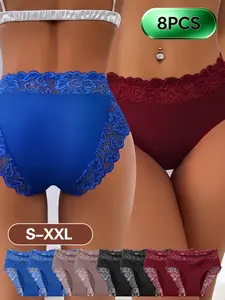 8pcs Romantic Comfort Chic Mid-Waist Briefs, Soft Breathable Lace Floral Embroidery, High Elastic Slim Fit, Suitable for All Body Types, Panties