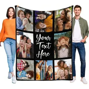 Bestie Throw Blanket, 1 Piece Soft Warm Flannel Custom 8 Picture Blanket, Your Text Here Center Script Design, Lightweight Portable Travel Blanket for Car Couch Dorm, Personalized Sentimental Gift for Her, Keepsake Decor