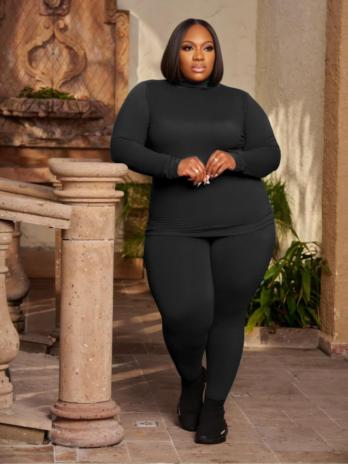 【Plus Size】 Two-Piece Set Solid Long Sleeve Tee & Skinny Pants, Casual Turtleneck Top & Trousers for Daily Outdoor Wear, Women's Two-piece Outfits for Fall & Winter