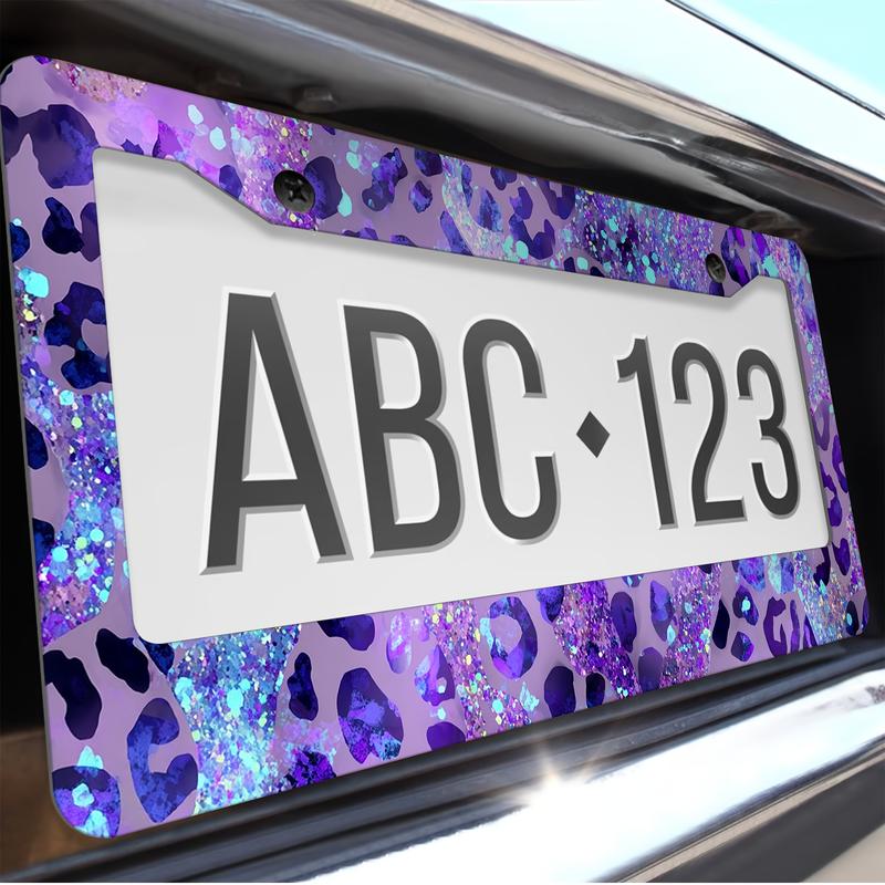 1pc Purple Leopard Print with Glitter License Plate Frame, License Plate Cover for Car Decorative Parts, Aluminum License Plate Bracket Holder Rust-Proof Rattle-Proof Weather-Proof for US Standard Car