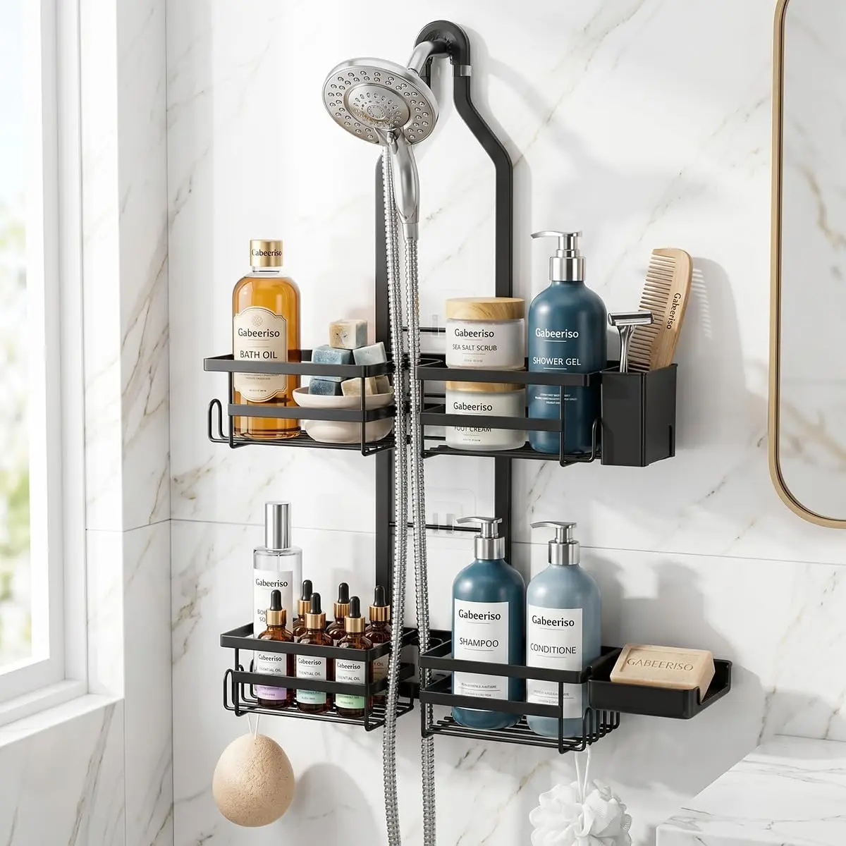 Shower Caddy Hanging for Handheld Showerheads, Adjustable Shower Organizer| Rustproof Bathroom Shelf Fits Handheld & Fixed Shower Heads, 12 Hooks, Soap & Toothbrush Holder, No-Drill Installation, Black