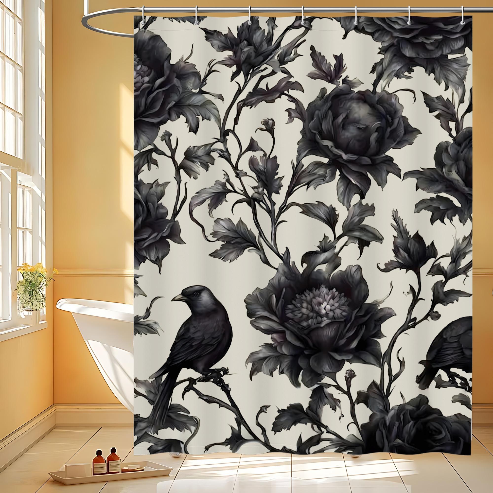 Black White Gothic Crow Shower Curtain, Floral Botanical Bath Curtain, Machine Washable Polyester with Hooks, Modern Bathroom Decor