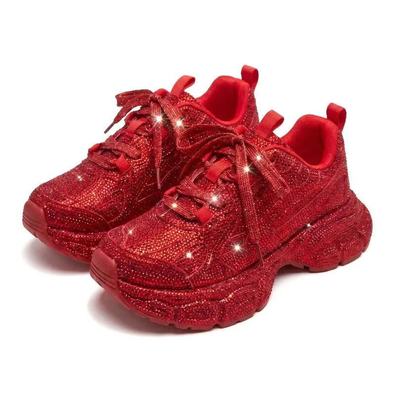 Chunky Rhinestone Dad Sneakers For Women Slip Resistant Wear Resistant PU Upper Mesh Lining Casual Flat Shoes Comfortable Everyday